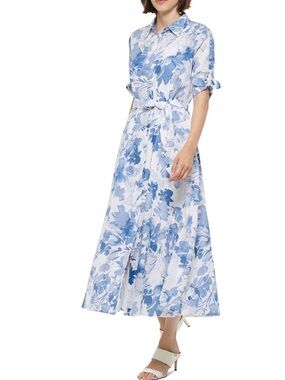 Calvin Klein Women's Blue Floral Shirt Dress with Waist Tie